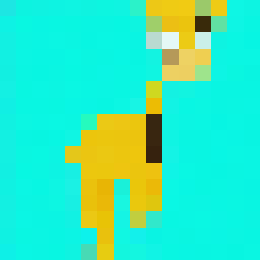 cartoon giraffe, tie, bright turquoise background, big eyes, visible pupils, game icon, 16x16, pixel art, close up, portrait