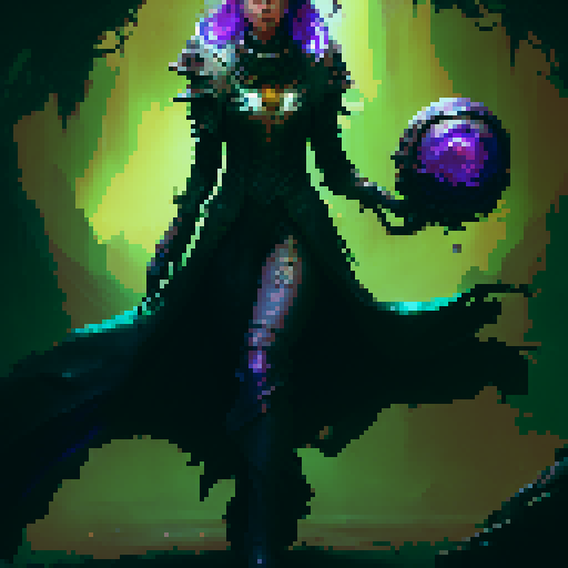 female necromancer, long dark hair, full body, action pose, swirling purple and green magic, mysterious ruins, ethereal glow, intricate staff, tight fitting flowing robes, intense gaze, dark shadows, ancient spellbook, fantasy Medieval RPG
