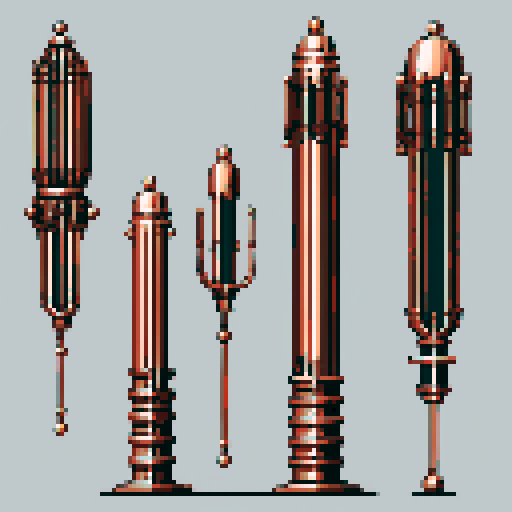 I want a tall vertical copper structure reminiscent of a organ pipe. It should have strange mechanical details that could interlock with each other. I also want this object usable an asset in a videogame, meaning only one object per image, outlined with a strong black stroke, on a solid-color background.