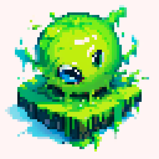 Pixel art of a vibrant, sRGB green slime with shiny, glistening textures and a playful, gooey appearance