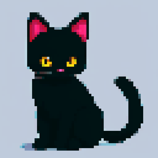 adorable black kitten, playful and mischievous, pixelated fur and bright eyes, sRGB palette