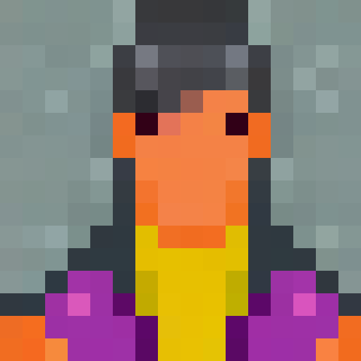 "Cyberpunk Pop Mart 3D toy in Stephen Hillenburg style, featuring a cute girl with explosive hairstyle and yellow jumpsuit, eye contact towards viewer, high-detail design, vivid colors, and street style, with mockup blind box effect and close-up portrait reminiscent of a game icon in 16x16 pixel art."