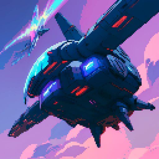 futuristic spaceship hovering above rocky planet, vibrant sky, game icon