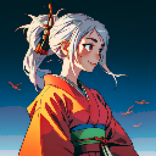 Silver-haired girl wearing a traditional Japanese kimono with a ponytail hairstyle, the color of the kimono is brown She has a smiling expression, surrounded by flying glowing goldfish, against a cyberpunk night scene background in pixel art style