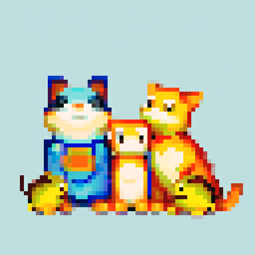 A goldfish, a turtle, a cat and a dog standing together as a family. 