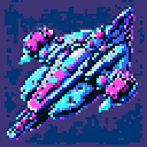 6-bit pixel art spaceship, blocky silver hull with rust patches, glowing cyan engines trailing a cyan-magenta hyperspace streak, SNES retro style, 64x64px grid, limited 16-color palette, sharp edges