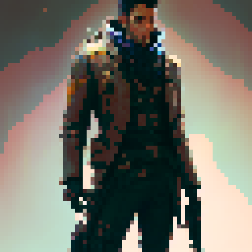 Steampunk hunter dressed with long coat with rifle on back and pistol on hand viewed from top down perspective