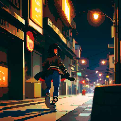 Night Thai urban street light background, Thailand, young girl, short black hair, small mouth, brown coat, black jeans, thin hips, beige hat, running, turn back, far view from the back