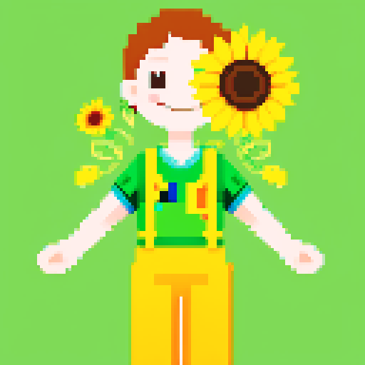 sunflower with smiling face, green pants