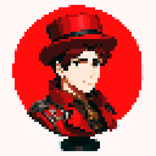 A steampunk young man who has a red coat and a red hat