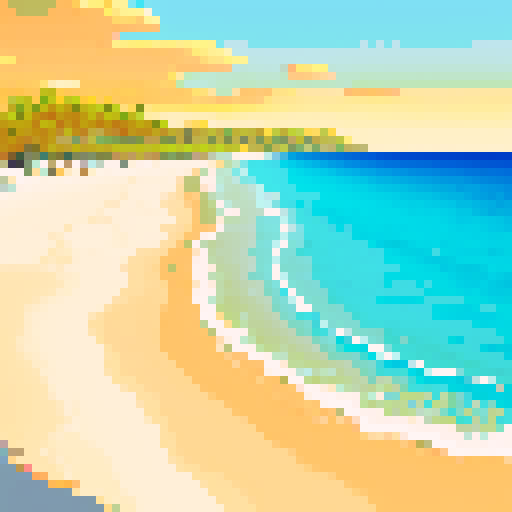 Warm, golden hues reflecting off the calm ocean surface, sandy beach with pixelated palm trees, waves gently crashing in the distance