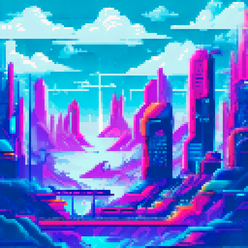 Sci fi planet, towering skyscrapers, neon lights, swirling clouds,, glowing holograms, metallic structures, alien vegetation, flying drones, vibrant colors, retro-futuristic architecture, sprawling metropolis, artificial intelligence, advanced technology, glowing energy sources, towering mountains, vast oceans, floating islands, otherworldly creatures, high-tech transportation, sleek spacecraft, electrified atmosphere, pixelated landscape