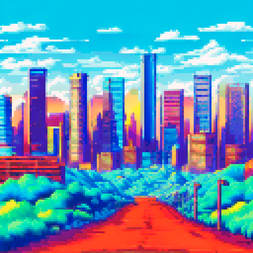 Futuristic Denver cityscape with vibrant graffiti, sRGB colors, pixel art style, featuring a sprawling background landscape