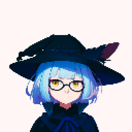 male, symmetrical face, closed mouth, yellow eyes, hair between eyes, solo male, straight-on, facing viewer, light blue hair, bob cut, white pupils, tsurime, pepekekeko, long bangs, flowing sleeves, capelet, perfect anatomy, blunt bangs, intricate details, witch hat, feather, glasses, pixel art, sRGB