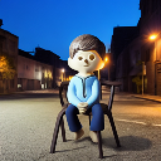 Glowing-eyed boy perched on a street chair under a sorrowful, lifeless street lamp in a desolate wasteland.