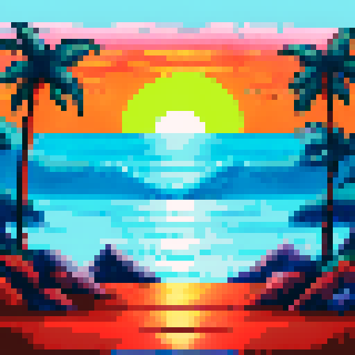 A sunrise at the beach, capturing the moment with part of the sun still below the horizon and the ocean calm. There are large rocks in the water and palm trees on the beach. 