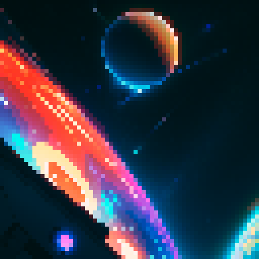 Starry space background, pixel art, glowing stars, retro-inspired, twinkling constellations, illuminated planets, cosmic hues, immersive depth, landscape with a computer terminal displaying "Stardust Reflections" and the main character's reflection on the screen