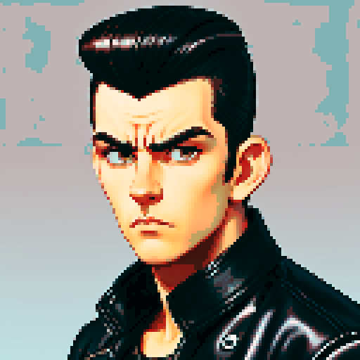 Tough Greaser wearing motorcycle jacket with pompadour hairstyle,portrait, face avatar,  sRGB colors.