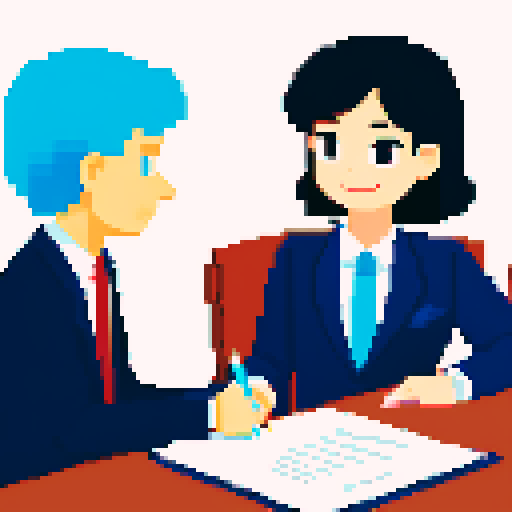You can generate an image of two people in suits and one of them is with one hand on a pen on top of a signed contract on the table, while the other hand is shaking it with the other person while they stare at each other and with a smile in agreement. 