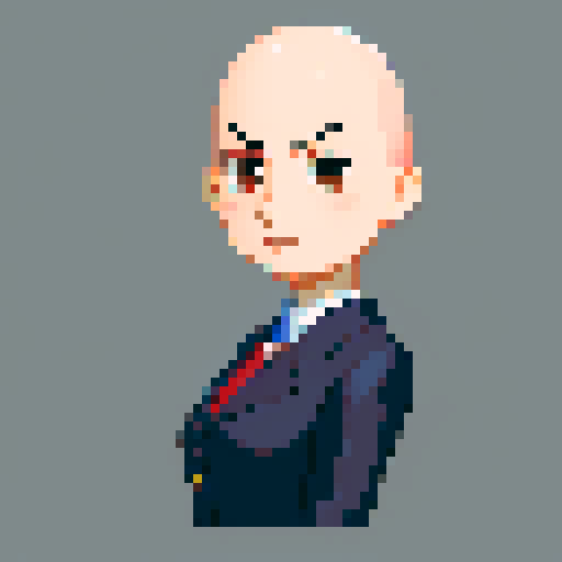 minister of foreign, serious expression, bald, close-up, confident stance, anime style, pixel art, suit, front view, 60-years-old, front view, bust