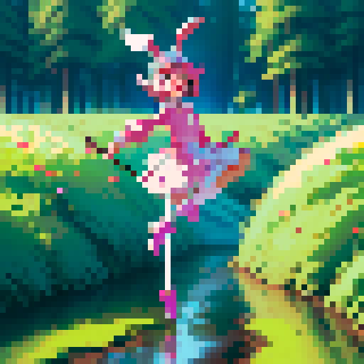 Create an image of a whimsical cartoon character wearing a bright pink bunny hat. The character is small, with a simple white body and round black eyes. It is joyfully jumping over a puddle in a muddy forest path, using a makeshift stick as a pogo stick. The background should depict vibrant green trees and shrubs, capturing a playful and adventurous scene.