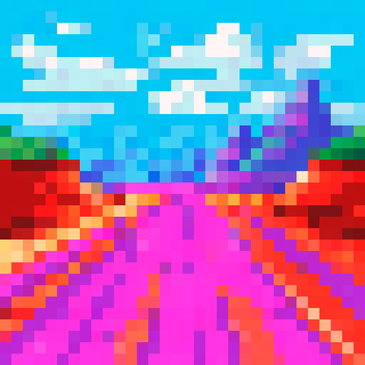 Colorful art paintbrush with bold black outline, vibrant sRGB colors, 32x32 badge style, pixel art, background, landscape