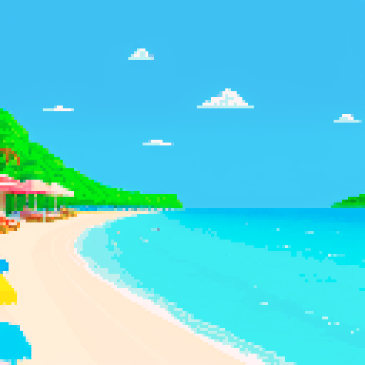 Vacation beach with a long stretch of road behind it, food cart