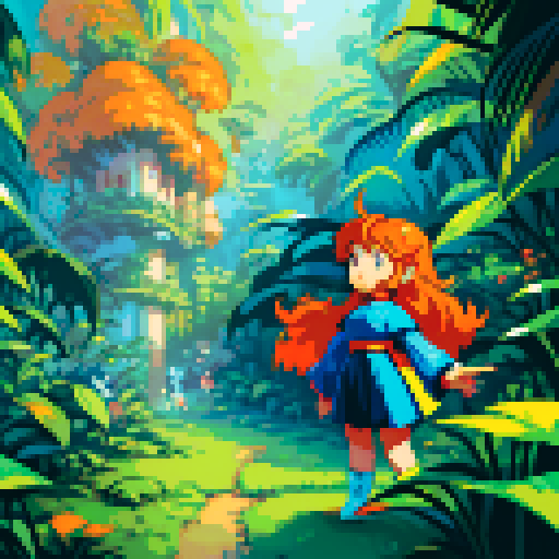 An illustration in the style of a pixel art of two people, a pixelated girl with orange hair, a pixelated girl with blue hair and a white pixelated cat, in a mysterious and primordial rainforest scene, A pixel parrot flies in the sky