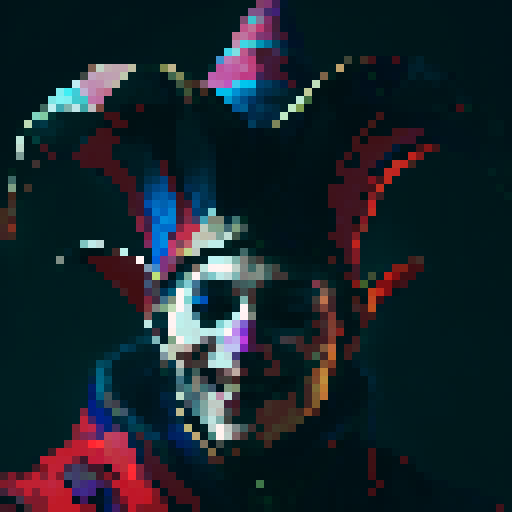 jester, vibrant colors, elaborate costume, mischievous expression, medieval backdrop