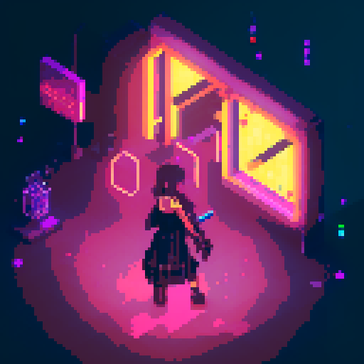  Mage anime girl with flowing hair, fluorescent tattoos, and a pixelated sniper rifle, navigating through a purple neon-lit night market and an sRGB glow