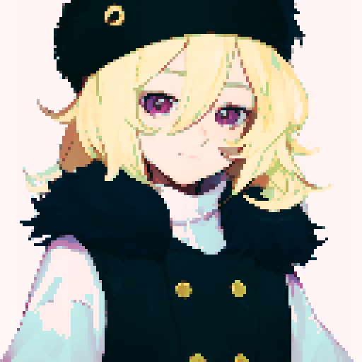 Solo male with perfect anatomy, straight-on, inframe, facing viewer, with round pupils, light blonde hair between eyes, wearing an ushanka hat with a black fur collar, a black vest, puffy sleeves, and black elbow gloves, his round eyes and pink eyes looking at the viewer, smile, giving off a sadistic vibe, in a pixel art style with sRGB colors, half closed eyes