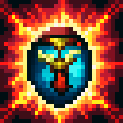 side view, thor's hammer, fiery flames, smashing skill icon, swinging, game icon style, 32x32 pixel art, vibrant sRGB colors, detailed skill art, close-up portrait