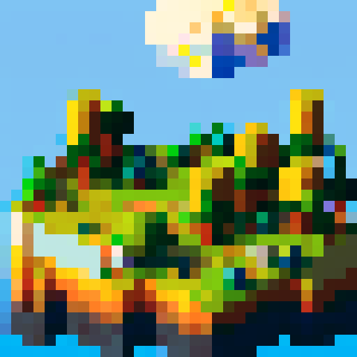 rock in the middle, two bit trees on each side, bright yellow sun in the pixel art sky