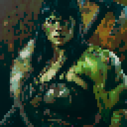 8-bit style portrait with vibrant, retro colors, showcasing a pixelated character in a dynamic pose against a black background, reminiscent of classic video games