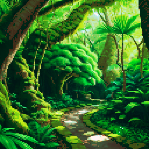 lush green foliage, towering trees, vibrant moss-covered rocks, sun-dappled path, meandering grassy trail, tropical ferns, dense undergrowth, swaying palm fronds, textured tree bark, sunlight filtering through leaves
