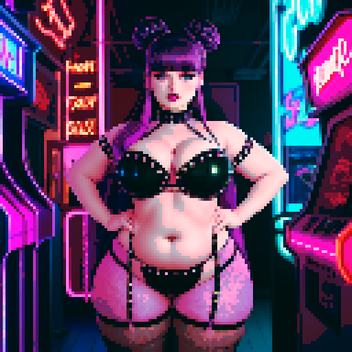 Thicc, curvy, busty goth babe with studded collar, long purple hair in buns, fishnet stockings, studded halter top, posing for photo in retro arcade. neon signage, sRGB