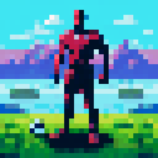 Shiny metallic armor adorned with soccer cleats and a ball, standing on a green, grassy field with a dramatic mountain range in the background