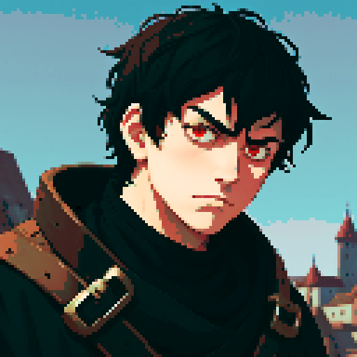 Young man knight, short black hair, rugged medieval traveling clothes, sad face, red eyes, a frown. Medieval city background. Anime style. Fantasy rpg.