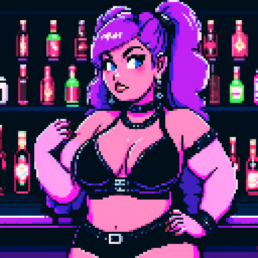 Portrait of Thicc, curvy, busty goth babe with studded collar, long purple hair in buns, fishnet stockings, studded halter top, bartending at nightclub, neon signage. pixel art, sRGB.