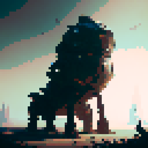 Rusty robot, like a can of tuna, with glowing red eyes and sharp, angular limbs, standing tall in a post-apocalyptic wasteland, surrounded by twisted metal and scraps of machinery.