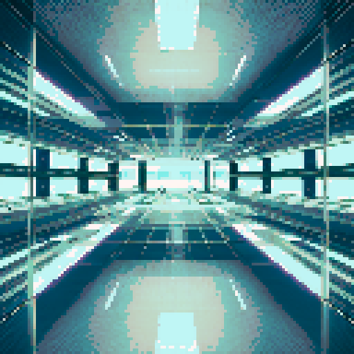 A surreal battleground in a mirror room with a reflective mirrored floor in the foreground, angled slightly upward for depth. The bottom-left corner is clear and open for a player's perspective, while the middle-right showcases mirrored walls and ceilings creating infinite reflections. Subtle light beams scatter across the surfaces, enhancing the futuristic and disorienting atmosphere, suitable for a balanced battle environment.