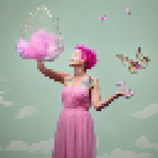 with pink hair and a butterfly tattoo on her cheek, standing on a floating platform in the clouds while holding a glowing crystal in her hand, surrounded by a flock of colorful birds.