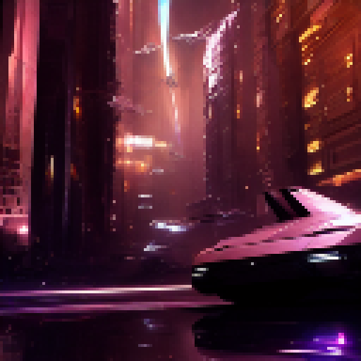 Surrealist, futuristic. A sleek, silver car takes flight, soaring through a neon cityscape as its metallic wings shimmer in the electric glow of the streetlights.