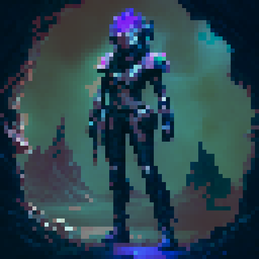 athletic female, exuding strength and agility. shoulder-length Midnight Blue hair, streaked with Royal Blue highlights. armor is a sleek combination of Dark Slate Blue and Neon Cyan, Steel Gray accents cover her gauntlets and shin guards, Charcoal Black underlayer. glowing Gold artifact on chest and Blue visor. utility belt, in Dark Gray with Neon Purple details, and black boots with Cyan highlights