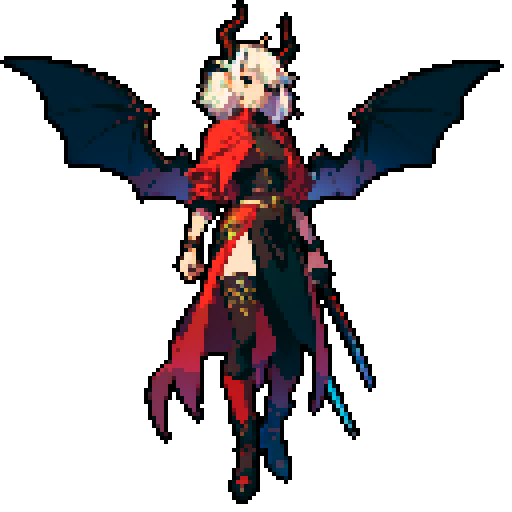full-body image, one winged demon, sexy male, horns, sword, sRGB, pixel art