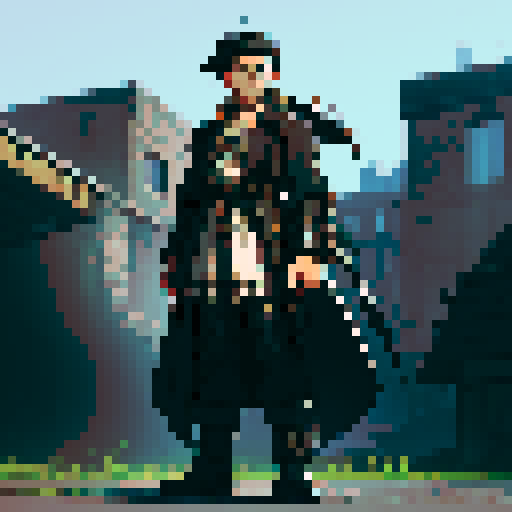 black patchy trench coat, thick boots, long black hair, satchel, male, sRGB, pixel art