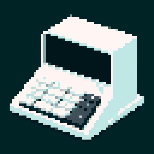 Business administration: Minimalist office desk, retro-style calculator, stack of papers, sleek black background, soft, muted colors, pixel art, sRGB