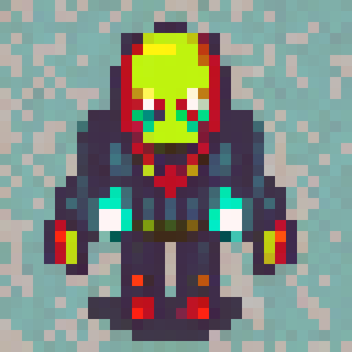 Pixelated skeleton sprite with glowing red eyes and bony fingers reaching out, set against a dark background with eerie mist and a sense of motion blur, perfect for a spooky side-scrolling adventure game.