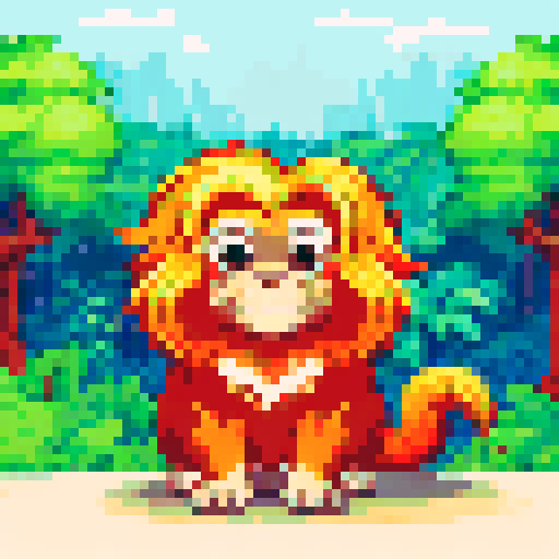 cute golden lion tamarin, lush green foliage, dappled sunlight, vibrant orange fur, expressive round eyes, playful stance, detailed pixelated textures, vibrant color palette, forest floor, tall trees, soft shadows