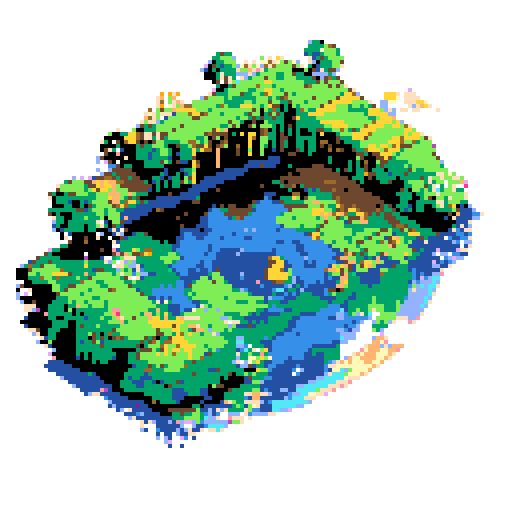 yellow duck in a pond, surrounded by lush greenery and reflecting sunlight in a serene pond with shimmering ripples and pixelated waves, creating a tranquil atmosphere in a picturesque landscape with vibrant colors using intricate pixel art in the sRGB palette